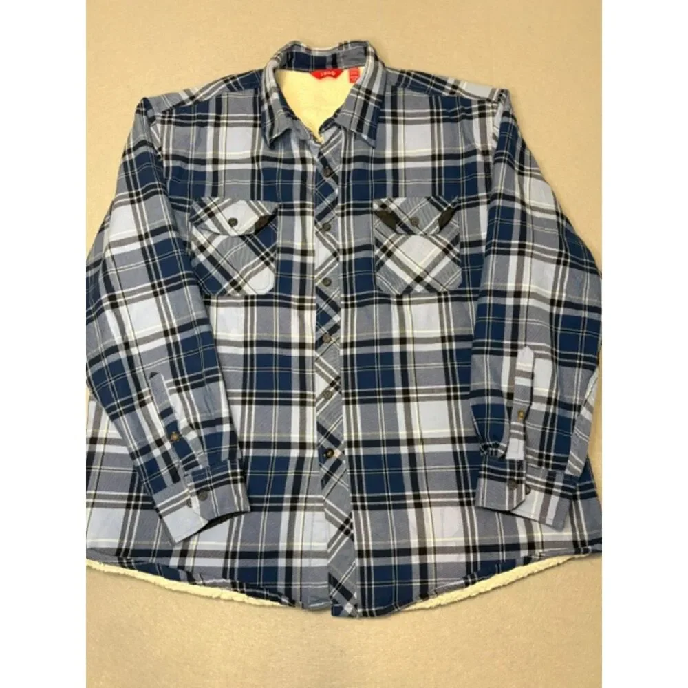 Izod Men's Sherpa Lined Blue Plaid Shacket Jacket XXL Button Chest Pockets NWOT